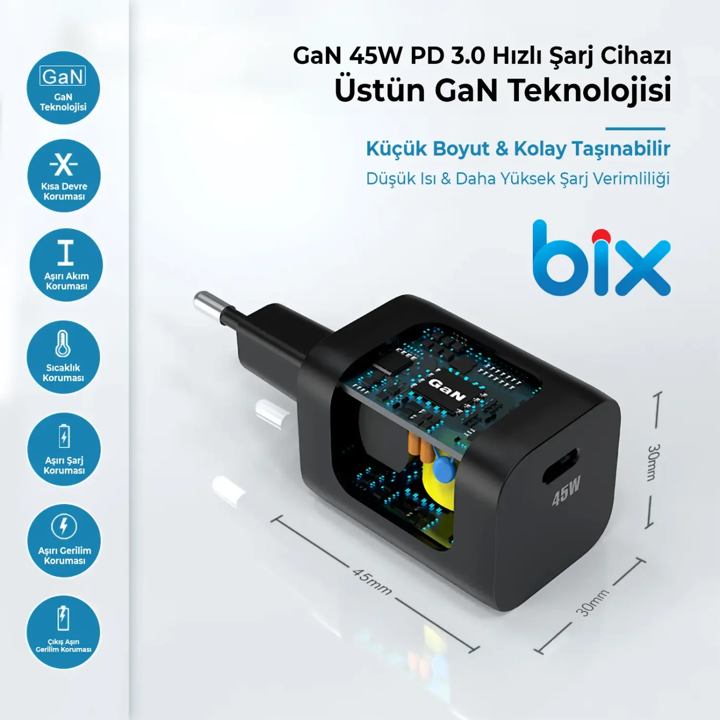 BX45G GaN Type-C PD 3.0 45W PPS Mini Hızlı Şarj Cihazı