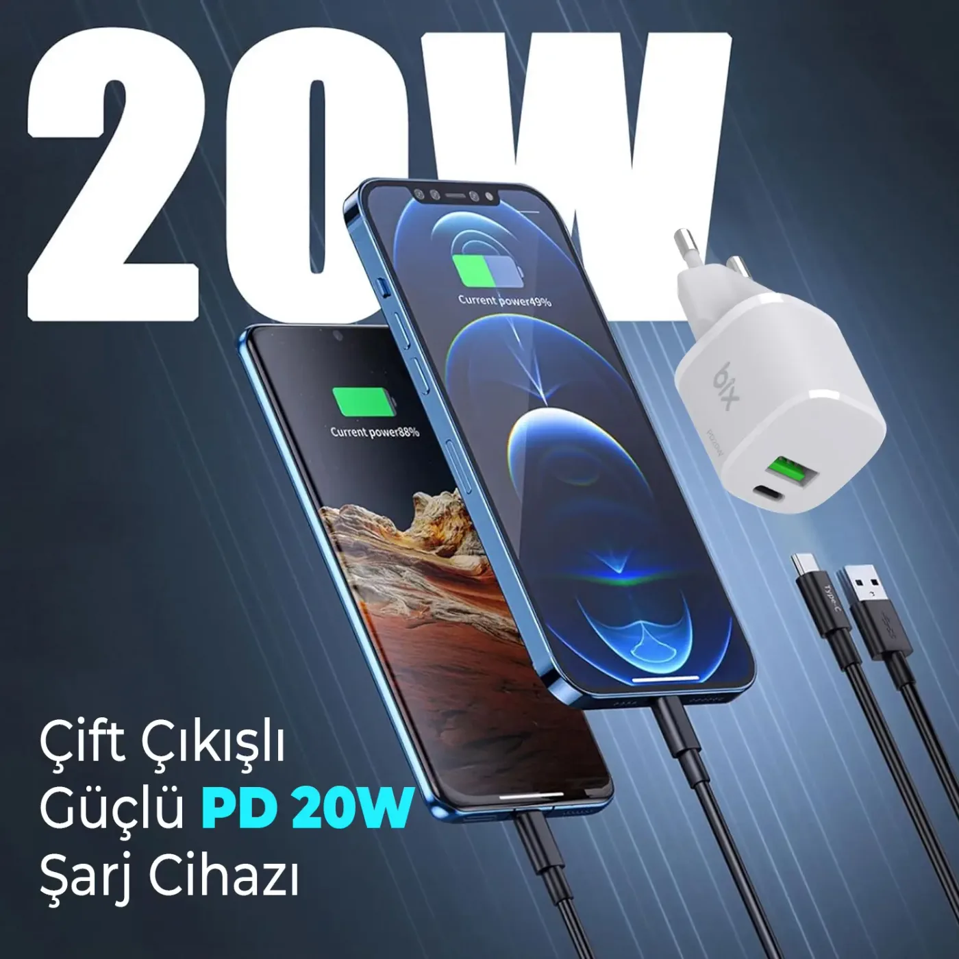 BX2P20G GaN PD 20W Type-C ve USB-A QC 18W Çift Portlu