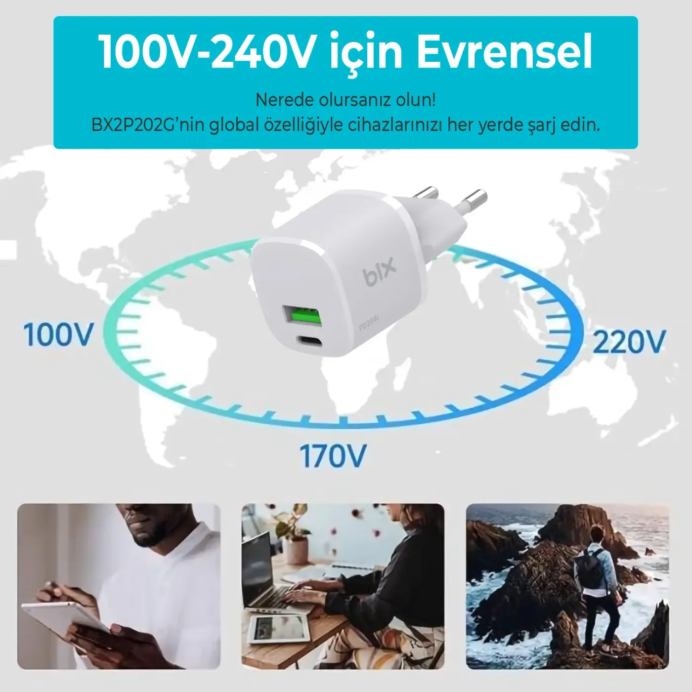 BX2P20G GaN PD 20W Type-C ve USB-A QC 18W Çift Portlu