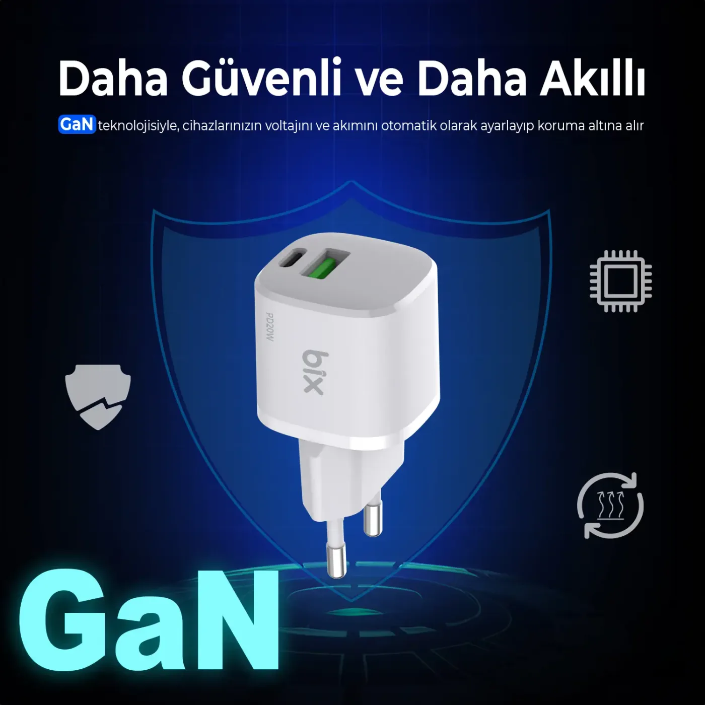 BX2P20G GaN PD 20W Type-C ve USB-A QC 18W Çift Portlu