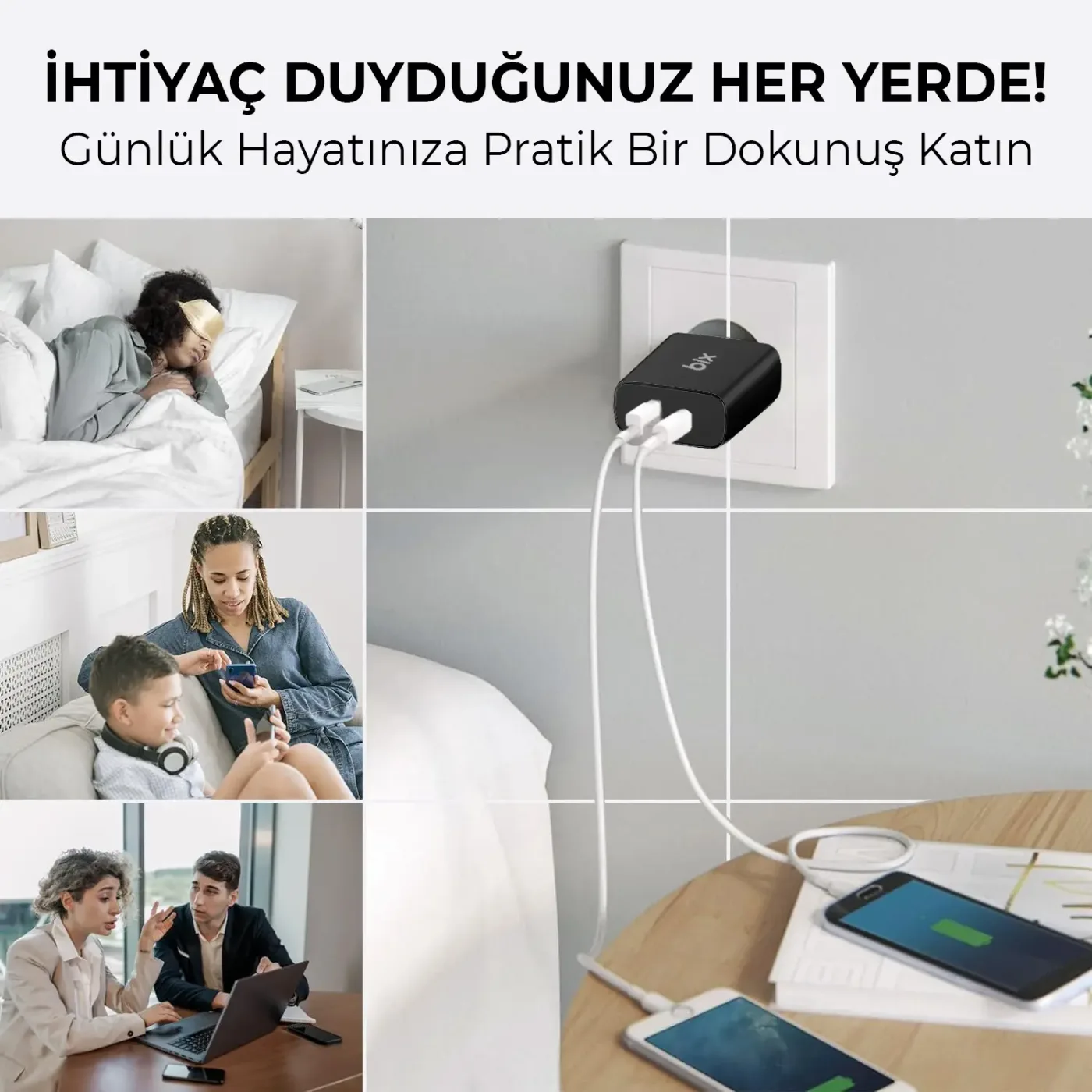 BX2P45G GaN PD 45W Type-C ve USB-A QC 18W Çift Portlu