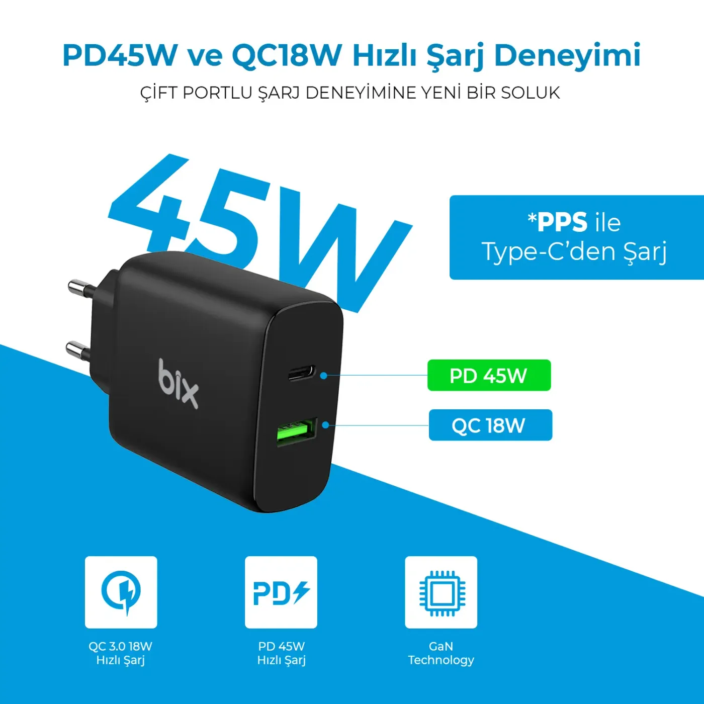 BX2P45G GaN PD 45W Type-C ve USB-A QC 18W Çift Portlu