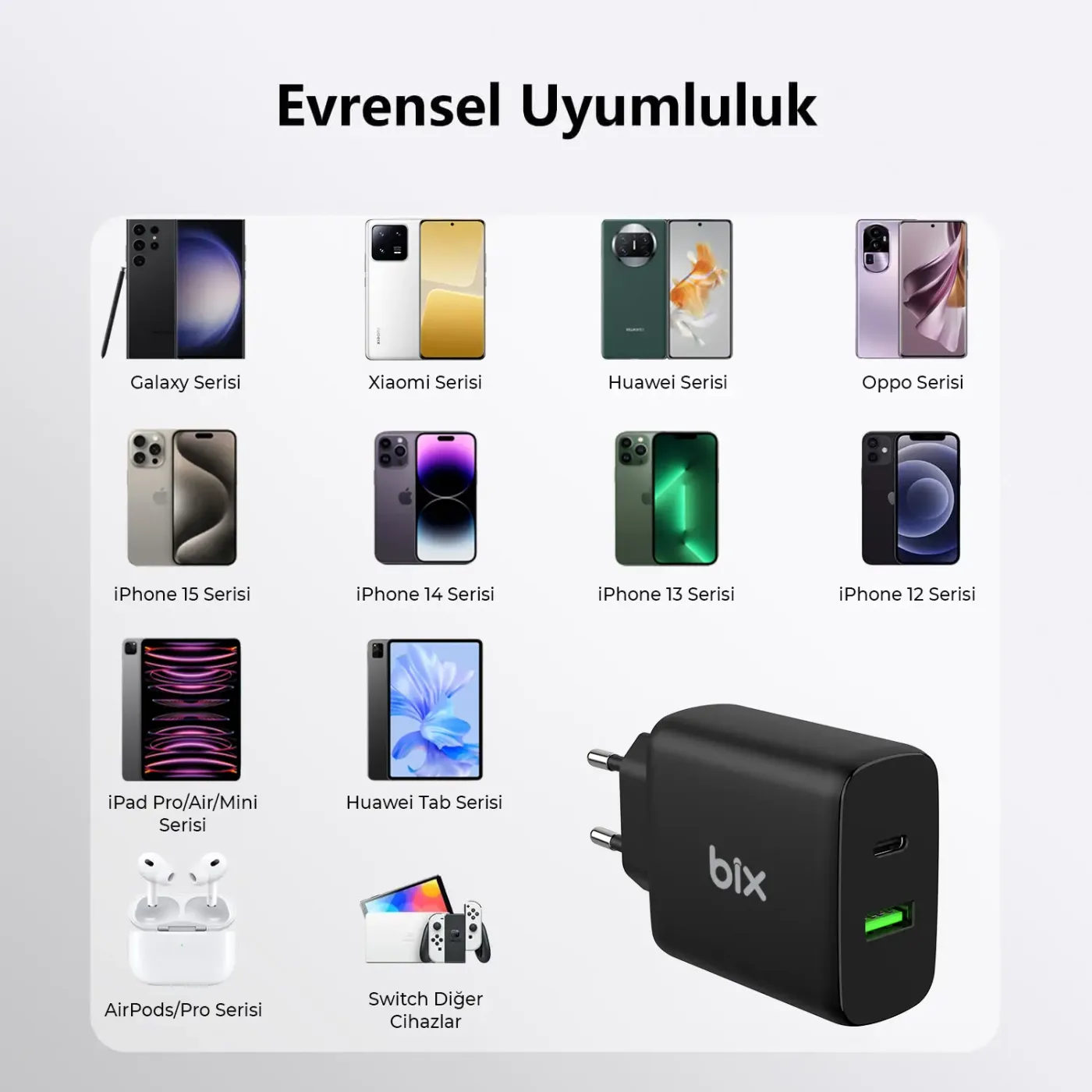 BX2P45G GaN PD 45W Type-C ve USB-A QC 18W Çift Portlu