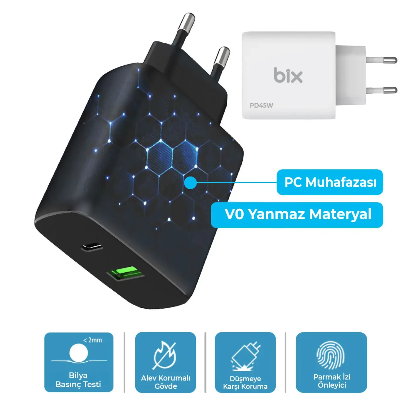 BX2P45G GaN PD 45W Type-C ve USB-A QC 18W Çift Portlu