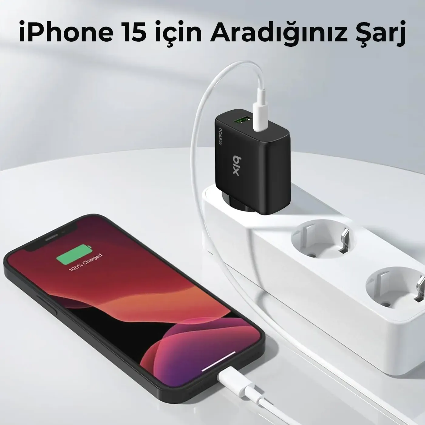 BX2P45G GaN PD 45W Type-C ve USB-A QC 18W Çift Portlu