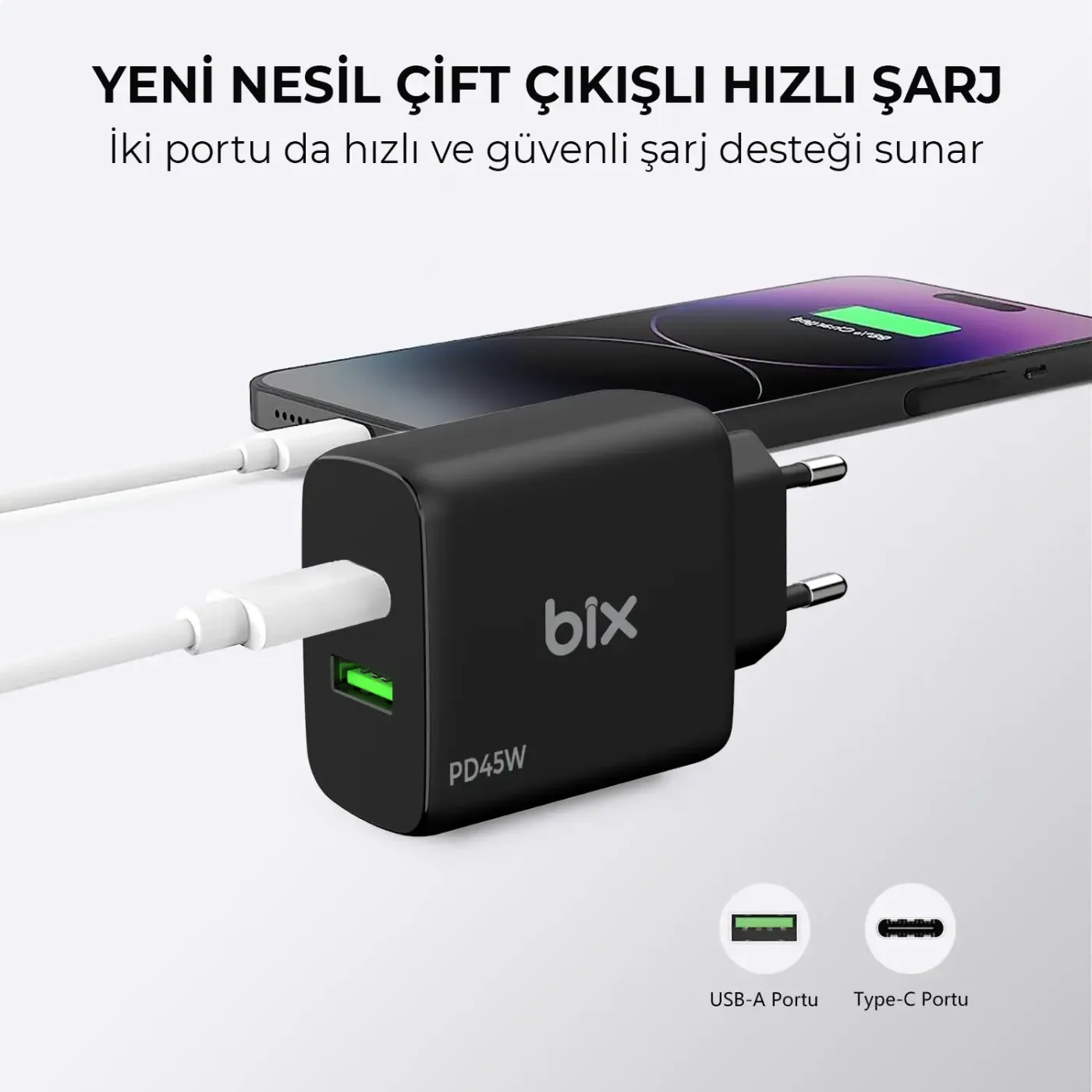 BX2P45G GaN PD 45W Type-C ve USB-A QC 18W Çift Portlu