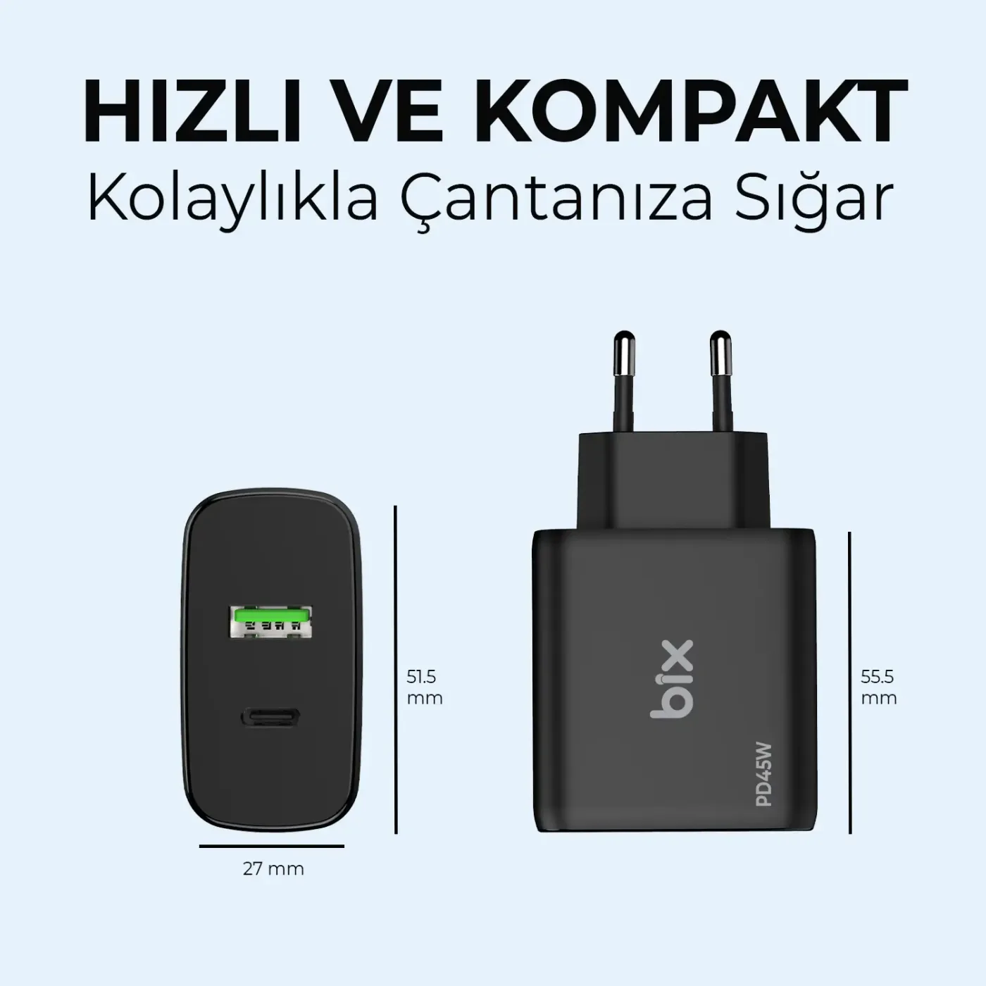 BX2P45G GaN PD 45W Type-C ve USB-A QC 18W Çift Portlu