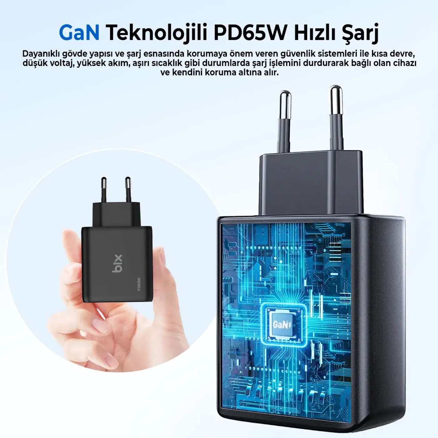 BX2P65G GaN PD 65W Type-C ve USB-A QC 18W Çift Portlu