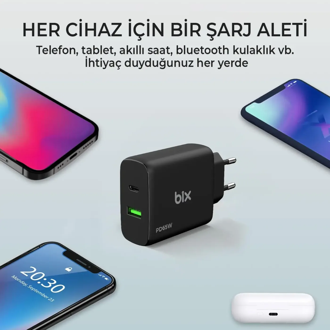 BX2P65G GaN PD 65W Type-C ve USB-A QC 18W Çift Portlu