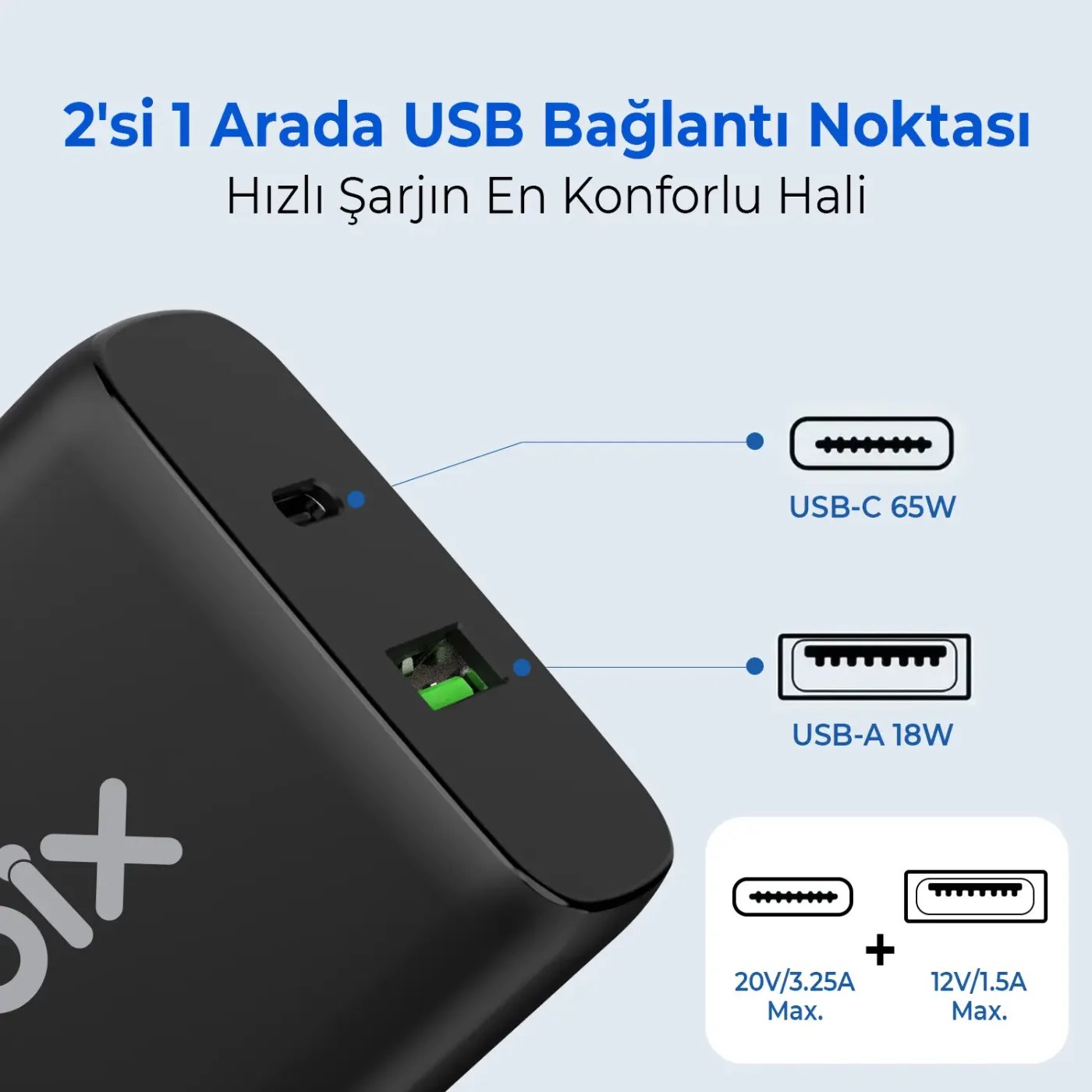 BX2P65G GaN PD 65W Type-C ve USB-A QC 18W Çift Portlu