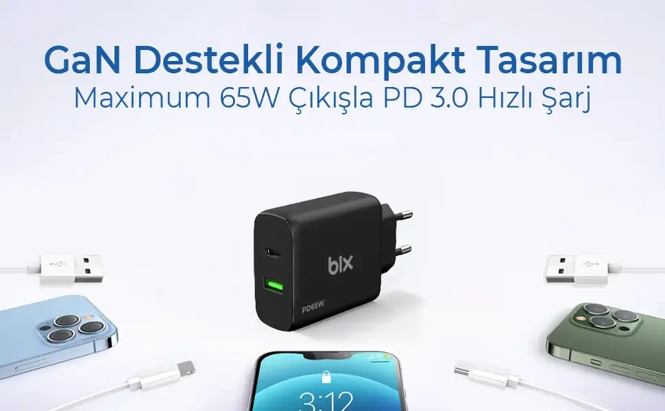 BX2P65G GaN PD 65W Type-C ve USB-A QC 18W Çift Portlu