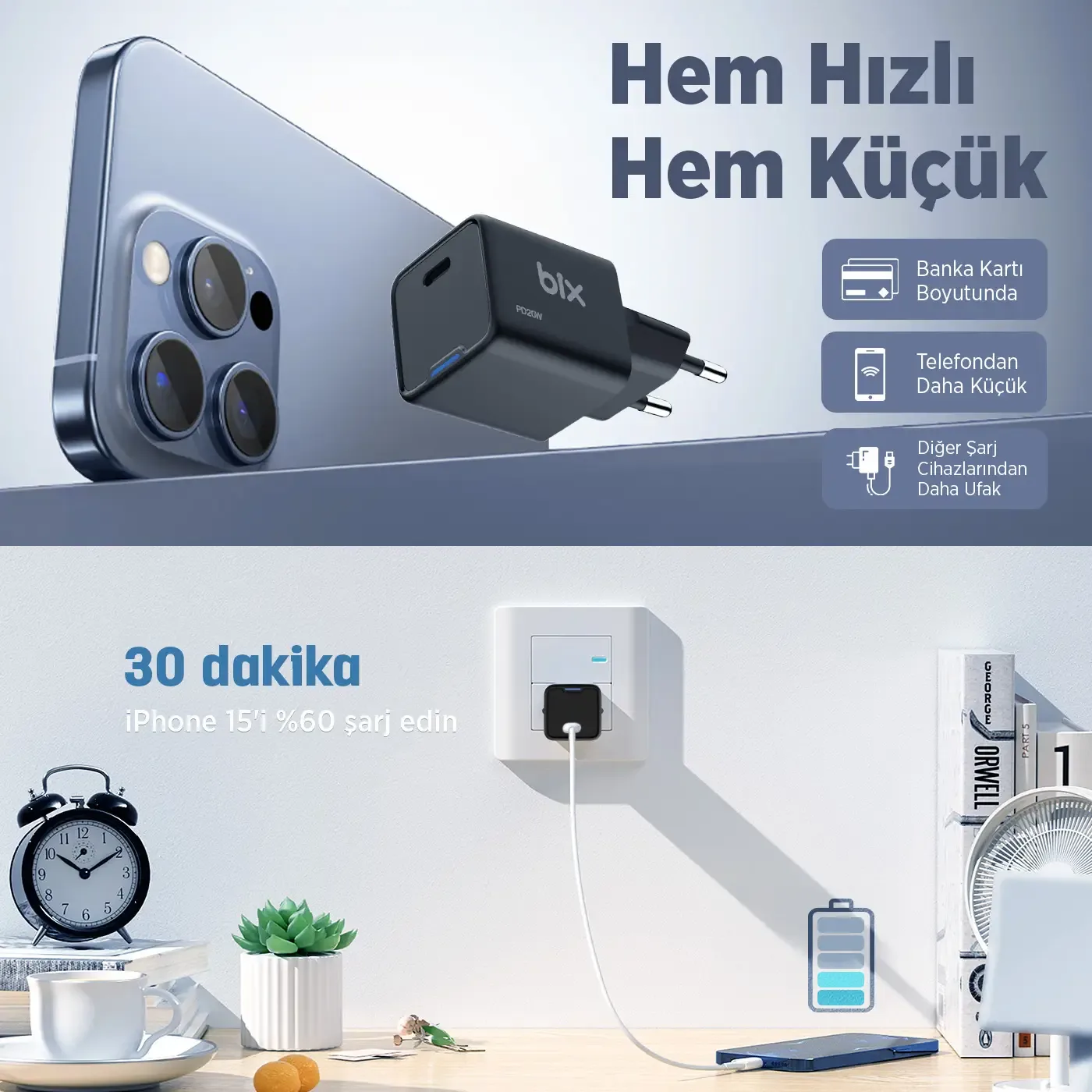 BX1P20G GaN 20W Type-C PD Akım Korumalı ve LED