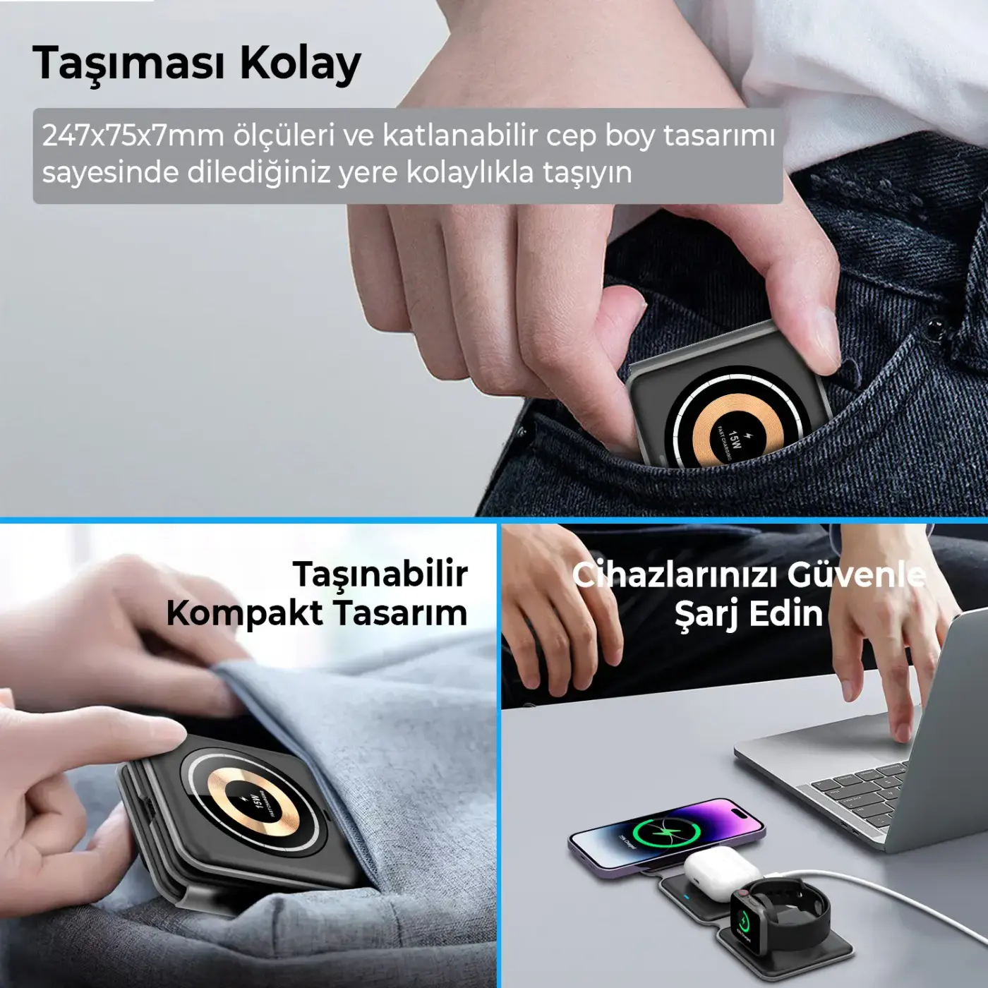 BXMW2 15W 3’ü 1 Arada iPhone Apple Watch AirPods Uyumlu