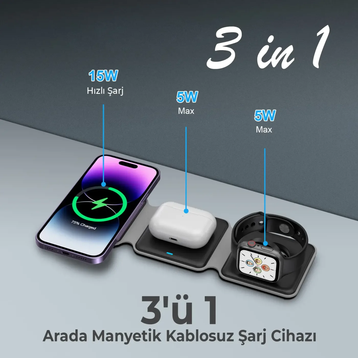 BXMW2 15W 3’ü 1 Arada iPhone Apple Watch AirPods Uyumlu
