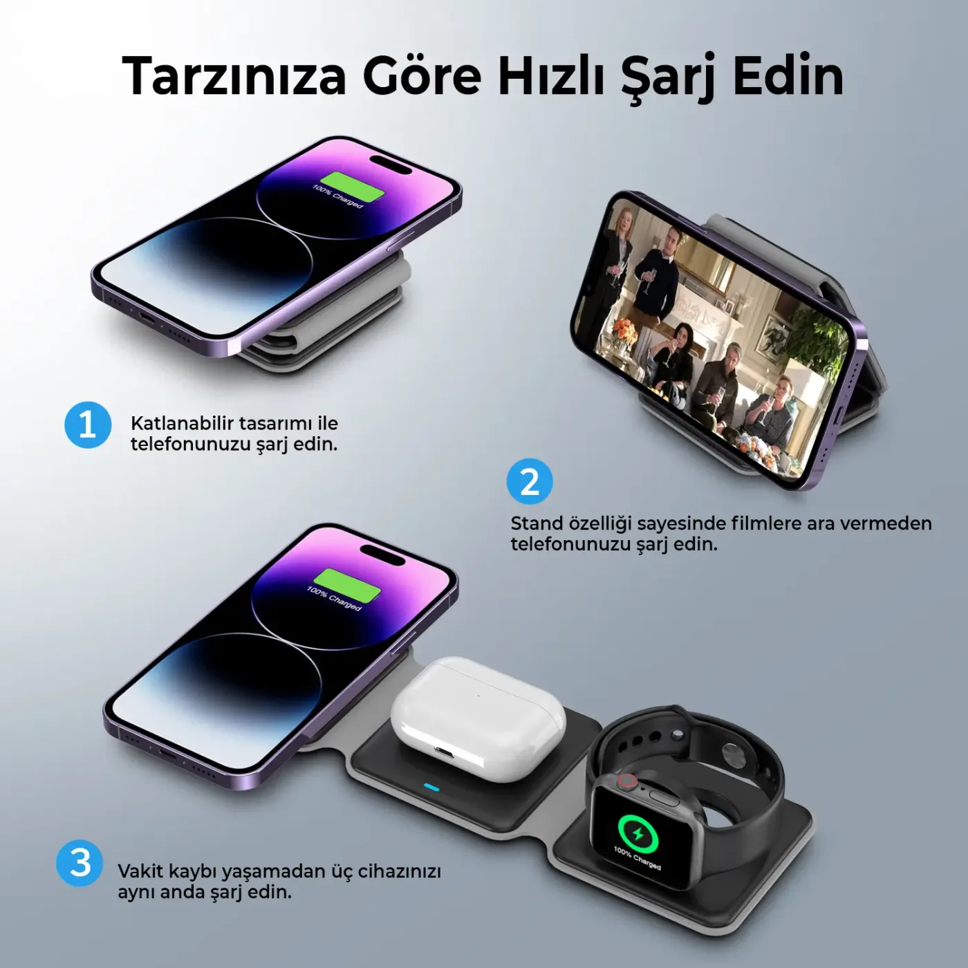 BXMW2 15W 3’ü 1 Arada iPhone Apple Watch AirPods Uyumlu