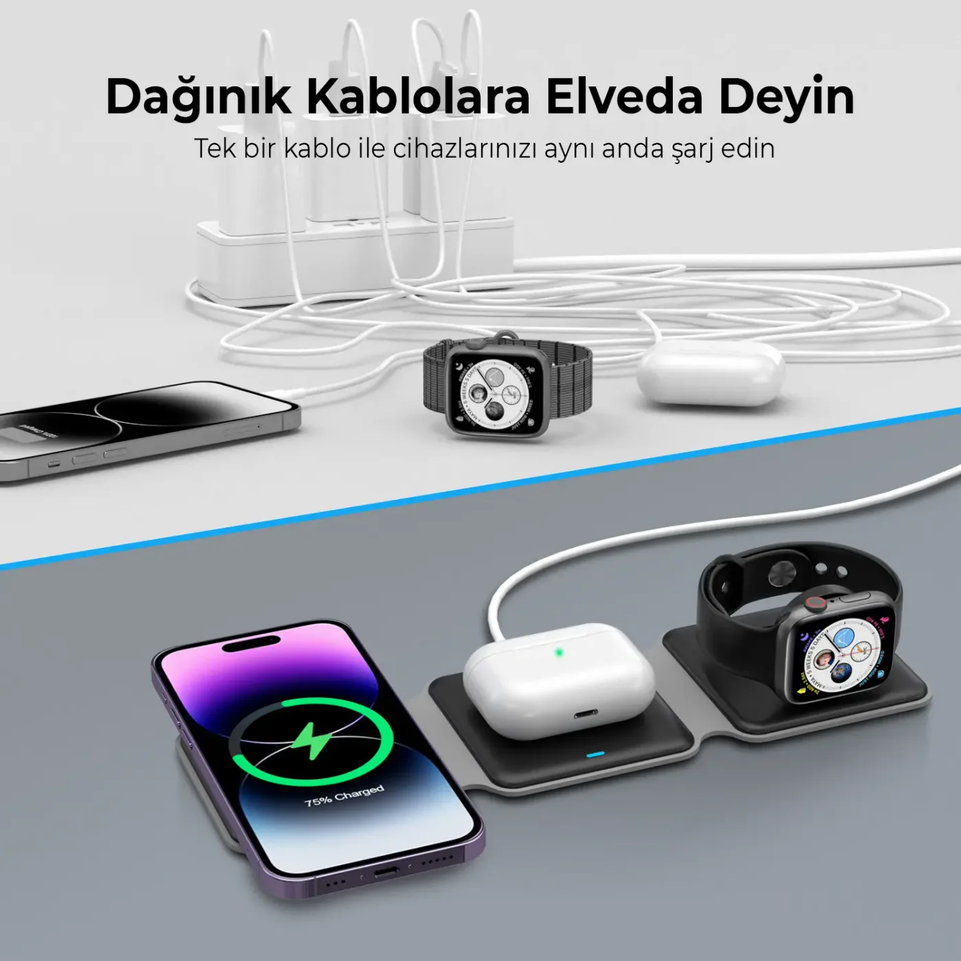 BXMW2 15W 3’ü 1 Arada iPhone Apple Watch AirPods Uyumlu
