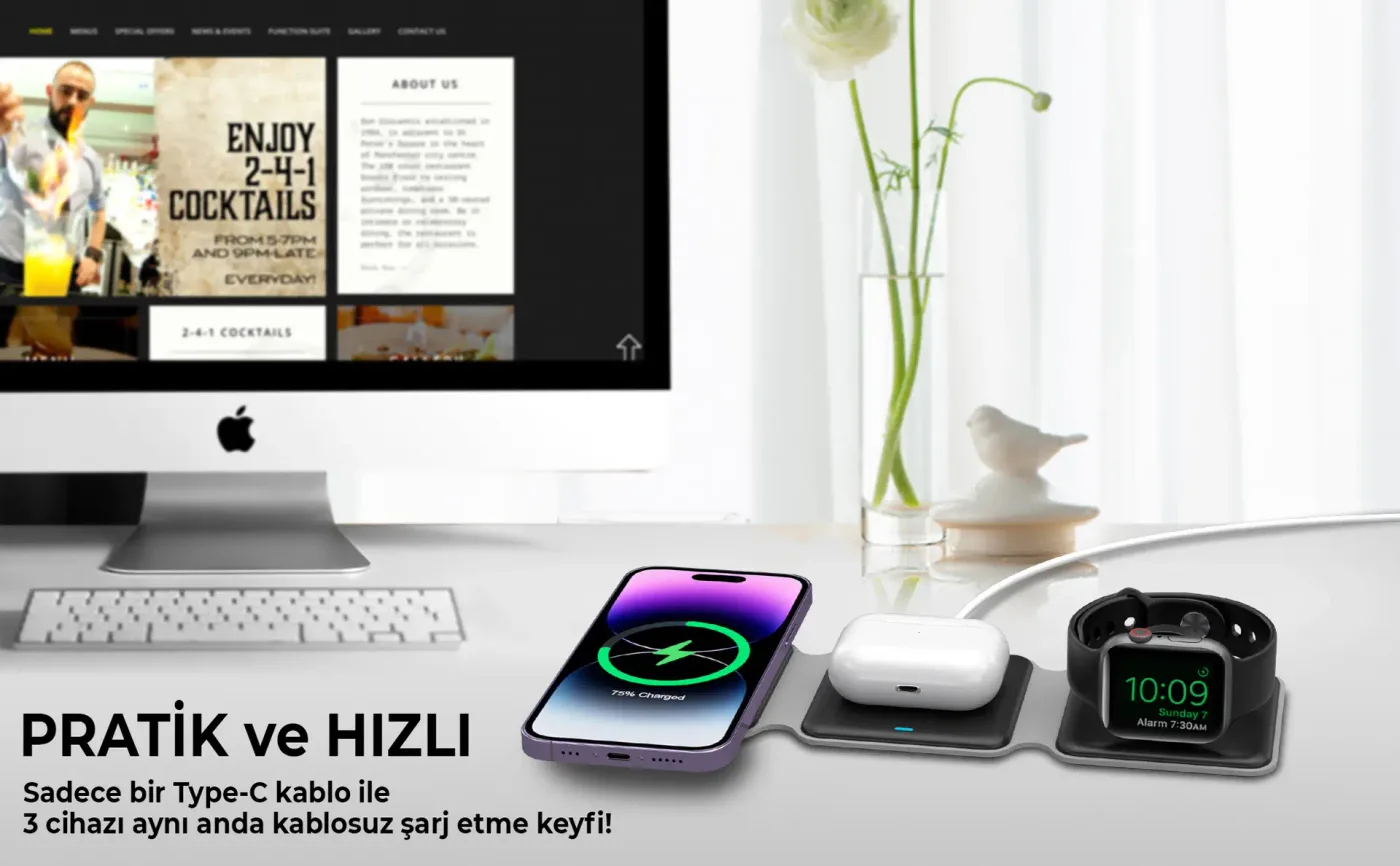 BXMW2 15W 3’ü 1 Arada iPhone Apple Watch AirPods Uyumlu