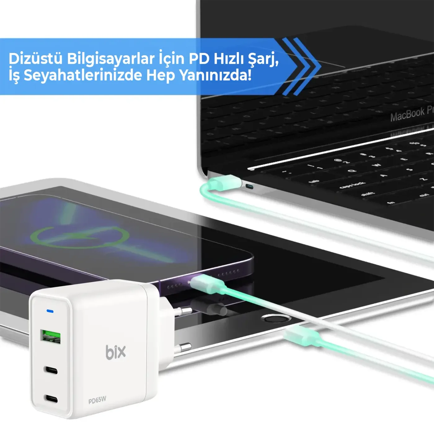 BX3P65G GaN 65W USB QC 3.0 ve 2*Type-C PD 3.0 Üç Portlu