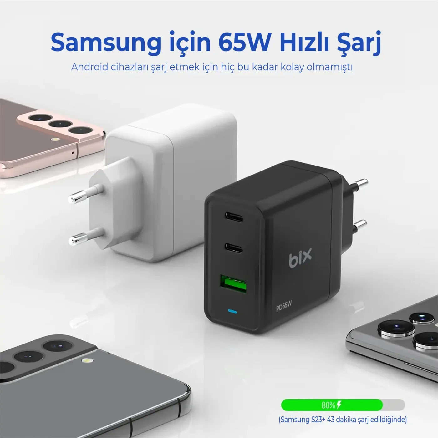 BX3P65G GaN 65W USB QC 3.0 ve 2*Type-C PD 3.0 Üç Portlu