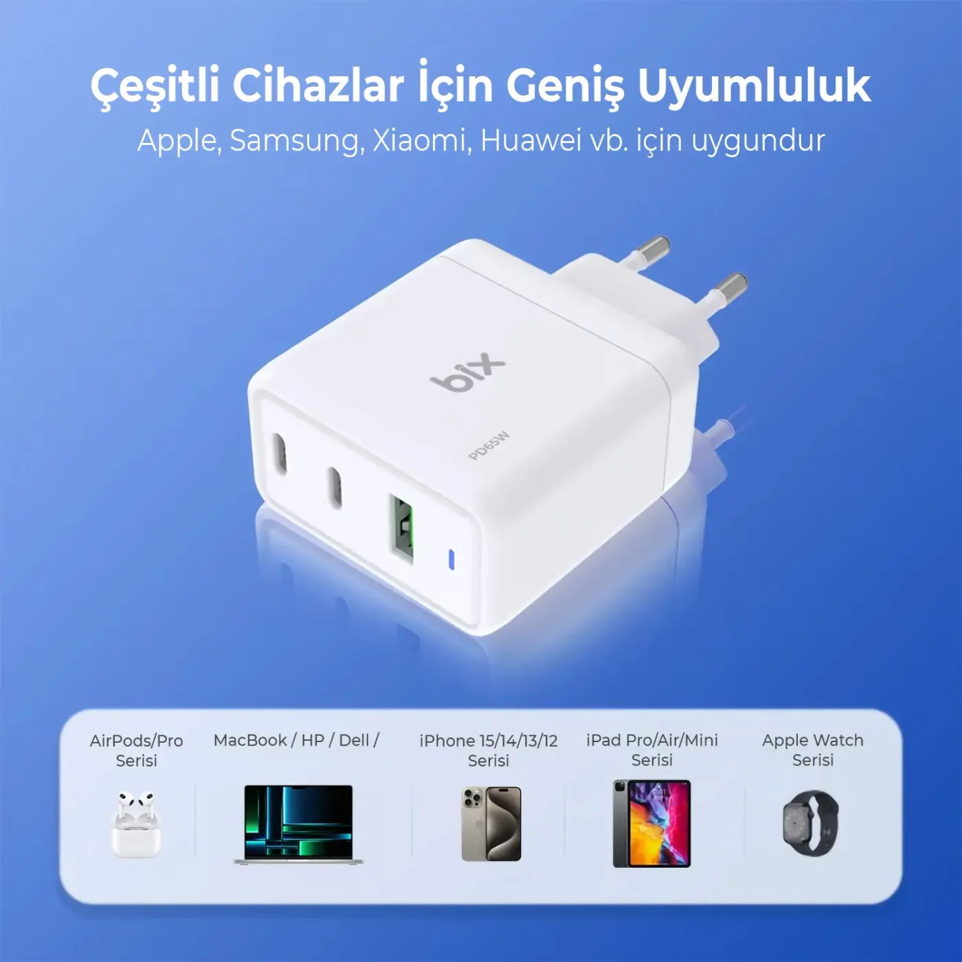 BX3P65G GaN 65W USB QC 3.0 ve 2*Type-C PD 3.0 Üç Portlu