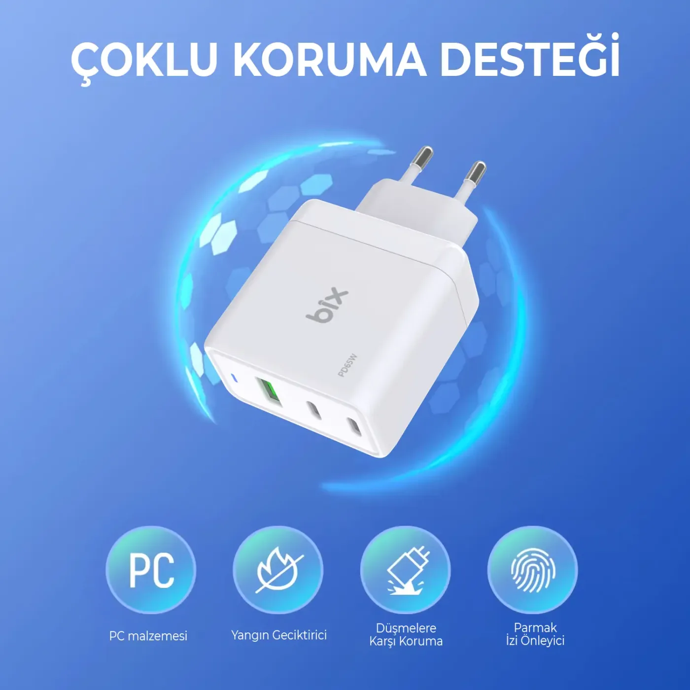 BX3P65G GaN 65W USB QC 3.0 ve 2*Type-C PD 3.0 Üç Portlu