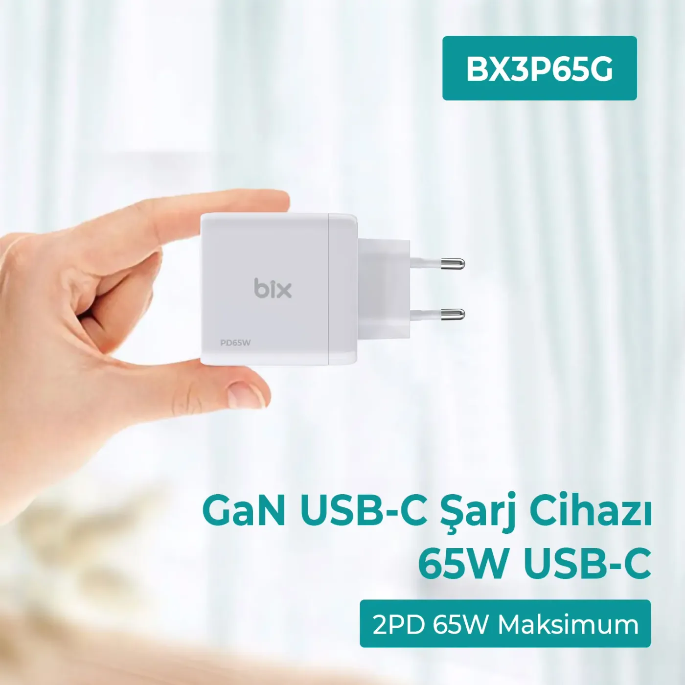 BX3P65G GaN 65W USB QC 3.0 ve 2*Type-C PD 3.0 Üç Portlu