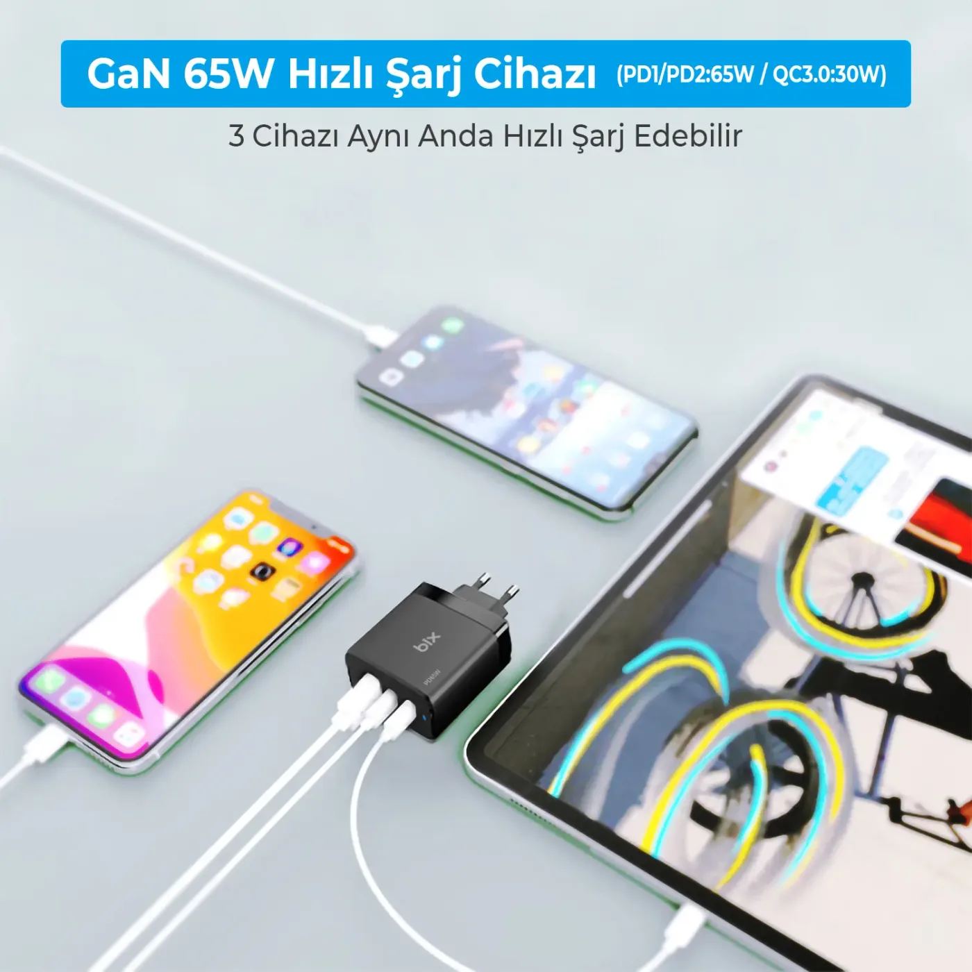 BX3P65G GaN 65W USB QC 4.0 ve 2*Type-C PD 3.0 Üç Portlu