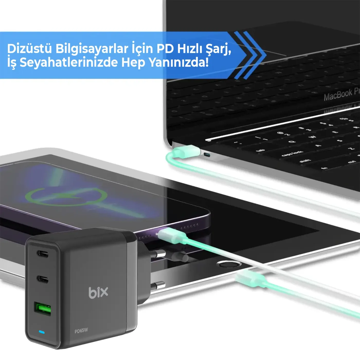 BX3P65G GaN 65W USB QC 4.0 ve 2*Type-C PD 3.0 Üç Portlu