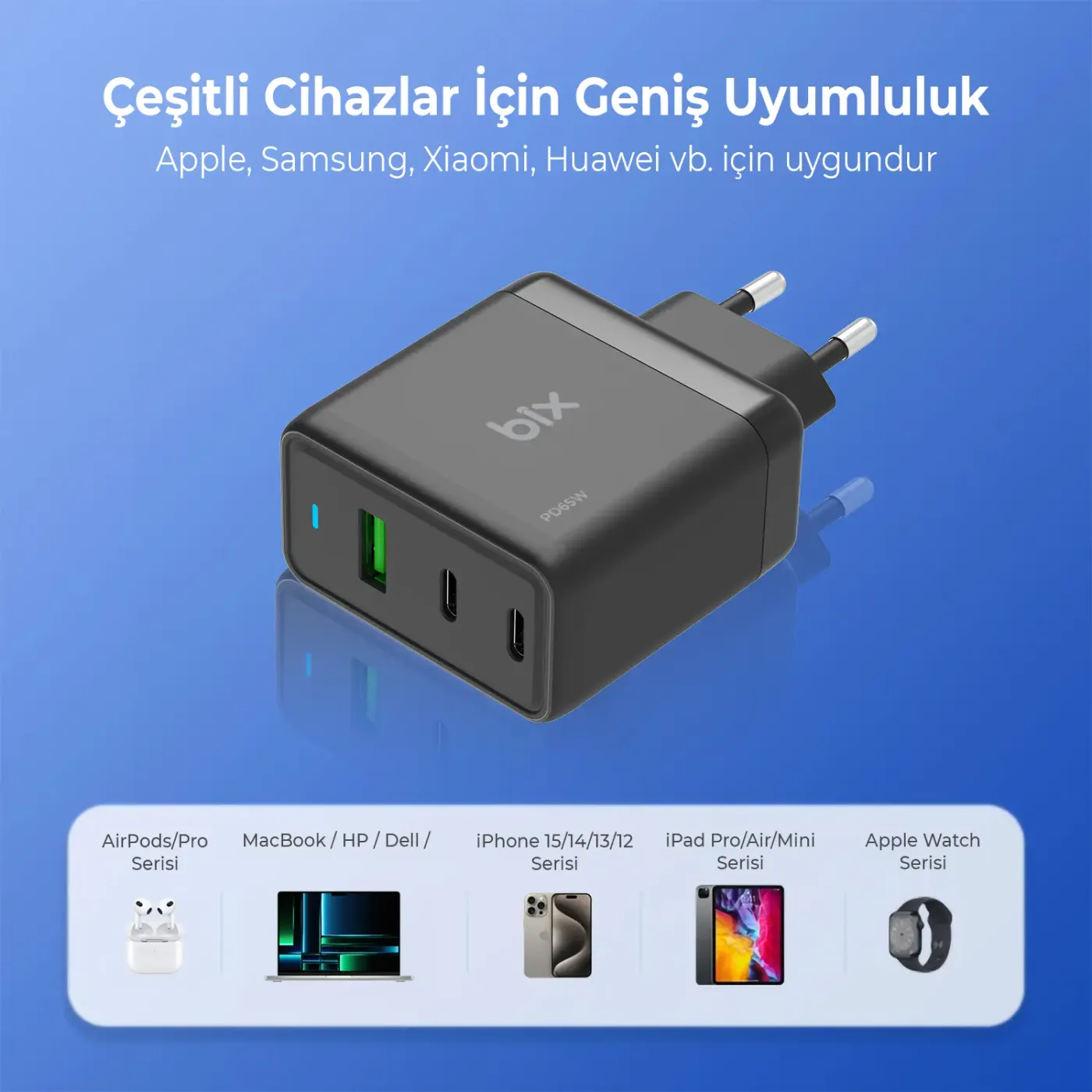 BX3P65G GaN 65W USB QC 4.0 ve 2*Type-C PD 3.0 Üç Portlu