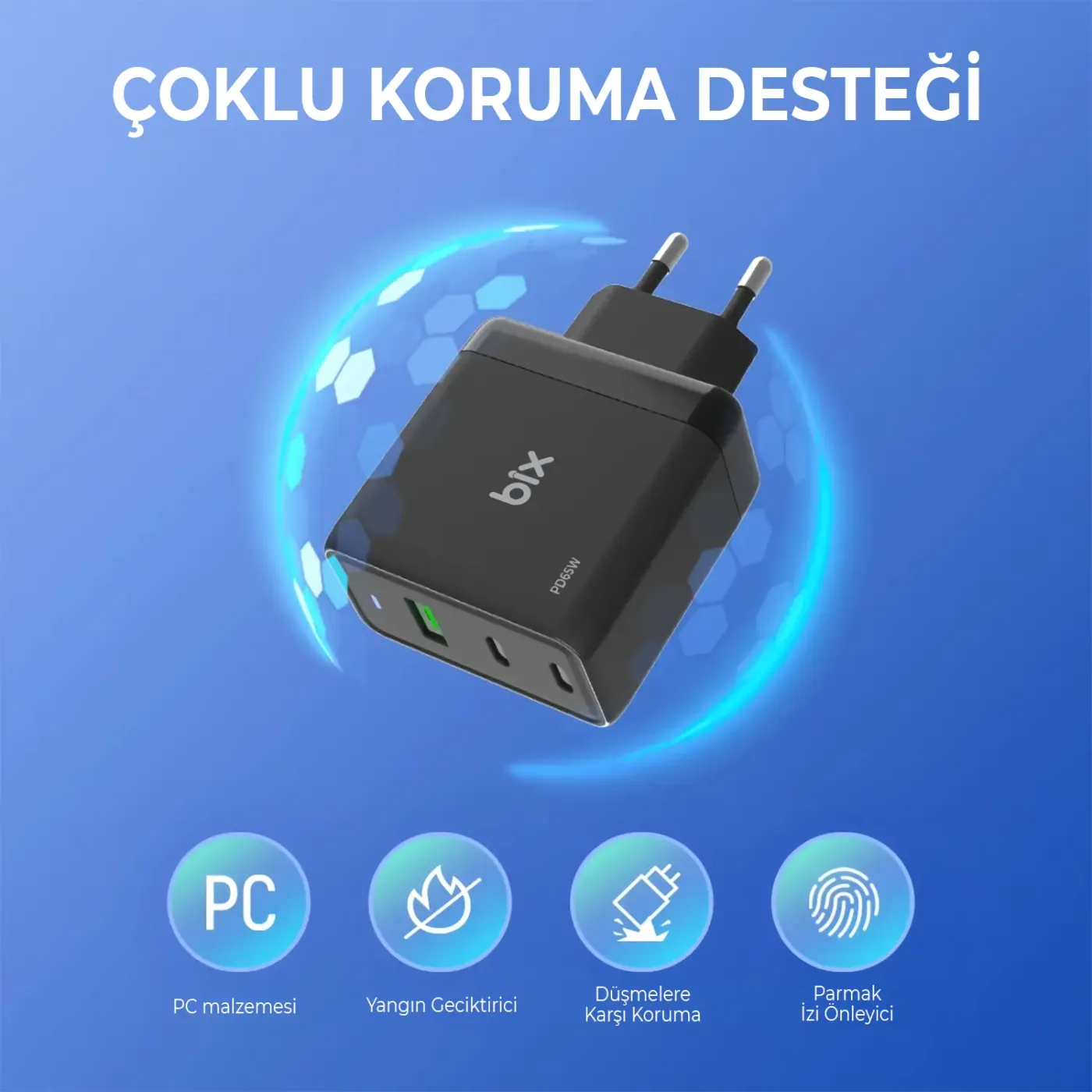 BX3P65G GaN 65W USB QC 4.0 ve 2*Type-C PD 3.0 Üç Portlu