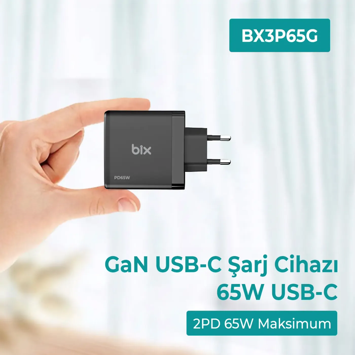 BX3P65G GaN 65W USB QC 4.0 ve 2*Type-C PD 3.0 Üç Portlu