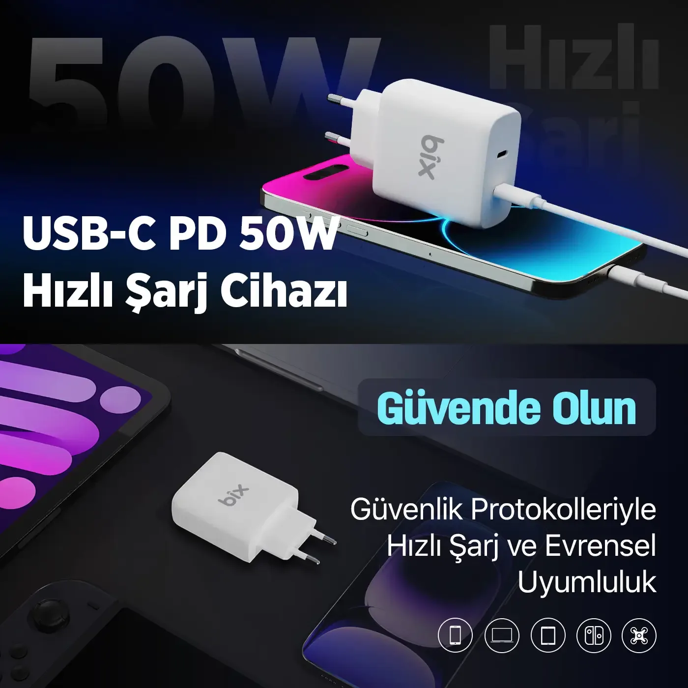 BX2P50 50W Type-C PD 3.0 Çift Çıkışlı Hızlı Şarj Cihazı