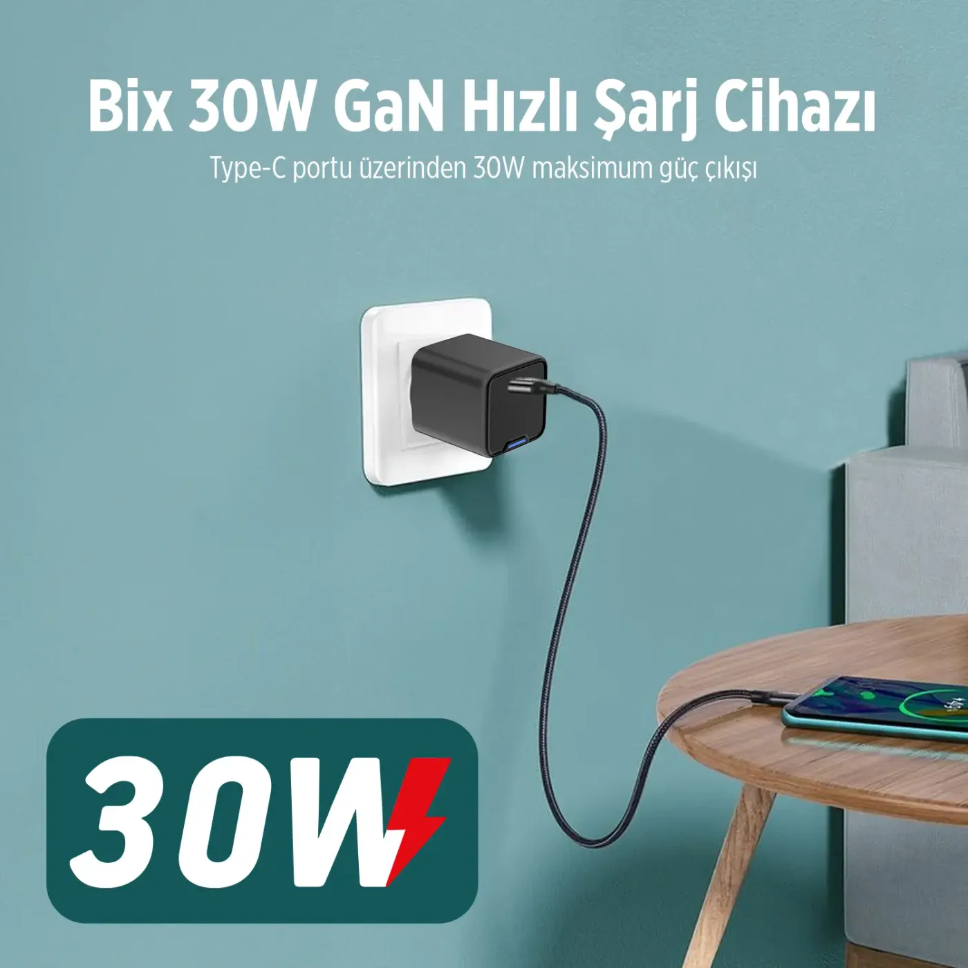 BX1P30G GaN 30W Type-C PD Akım Korumalı ve LED