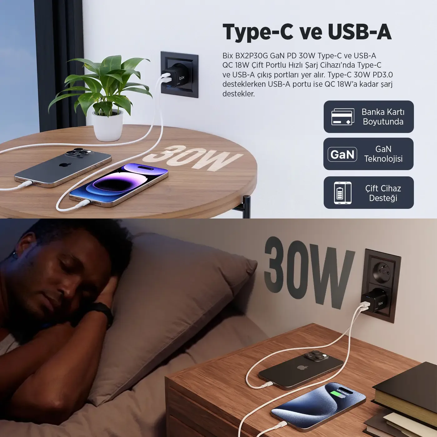 BX2P30G GaN PD 30W Type-C ve USB-A QC 18W Çift Portlu