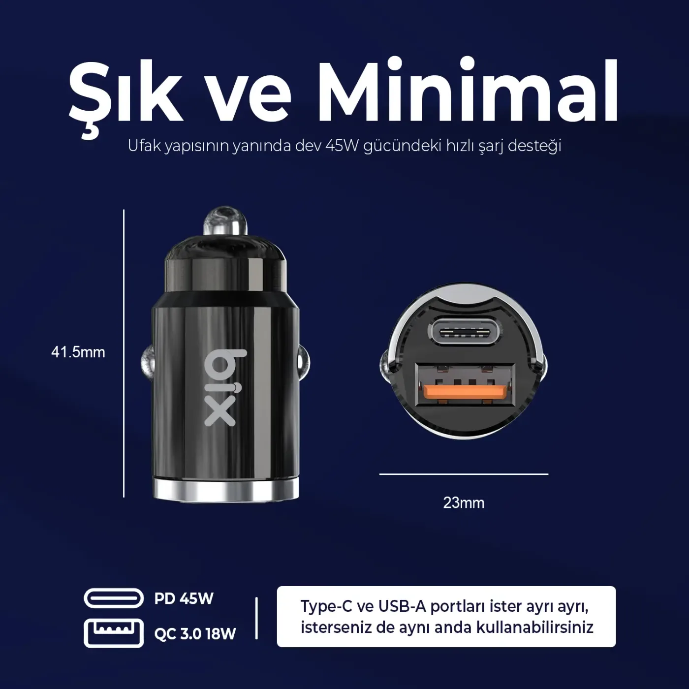 BXCCP45W 45W Type-C PD ve USB-A QC 3.0 18W Çift Çıkışlı