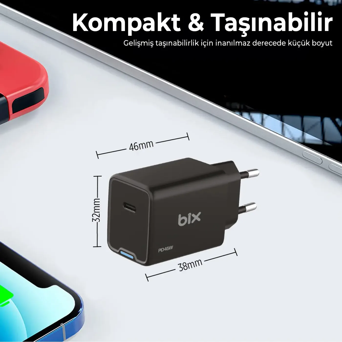 BX1P45G GaN 45W Type-C PD Akım Korumalı ve LED