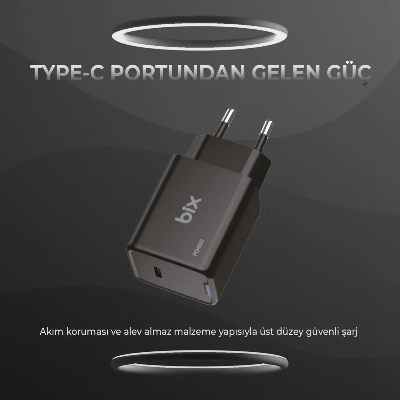 BX1P45G GaN 45W Type-C PD Akım Korumalı ve LED