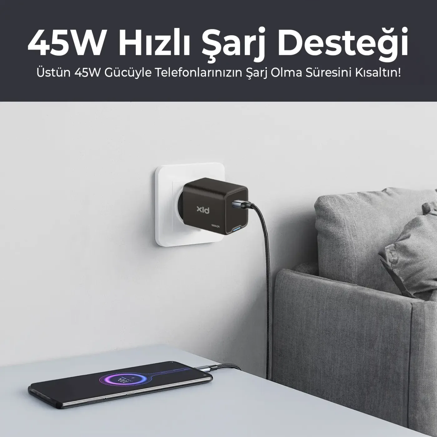 BX1P45G GaN 45W Type-C PD Akım Korumalı ve LED