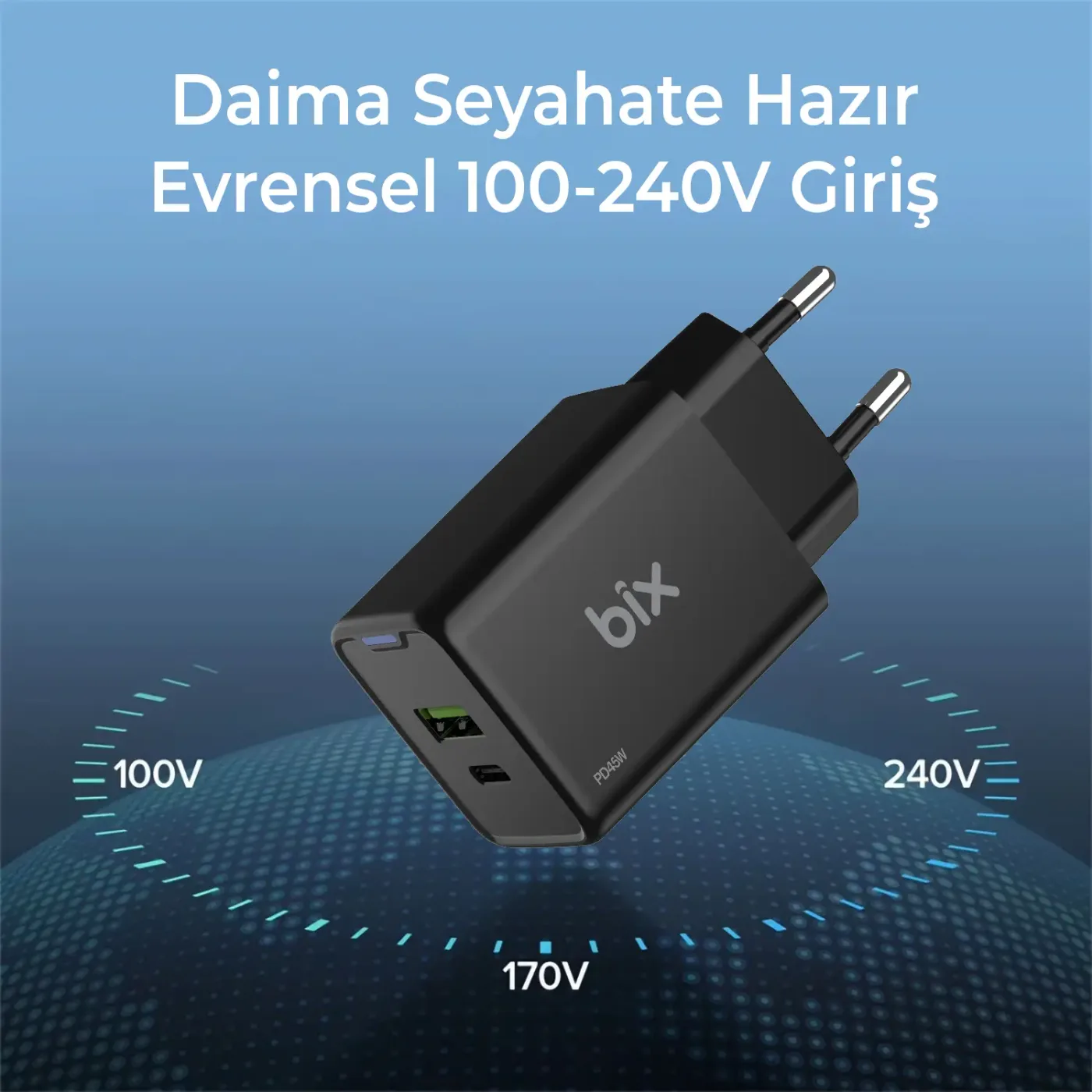 BX2P46G GaN PD 45W Type-C ve USB-A QC 18W Çift Portlu
