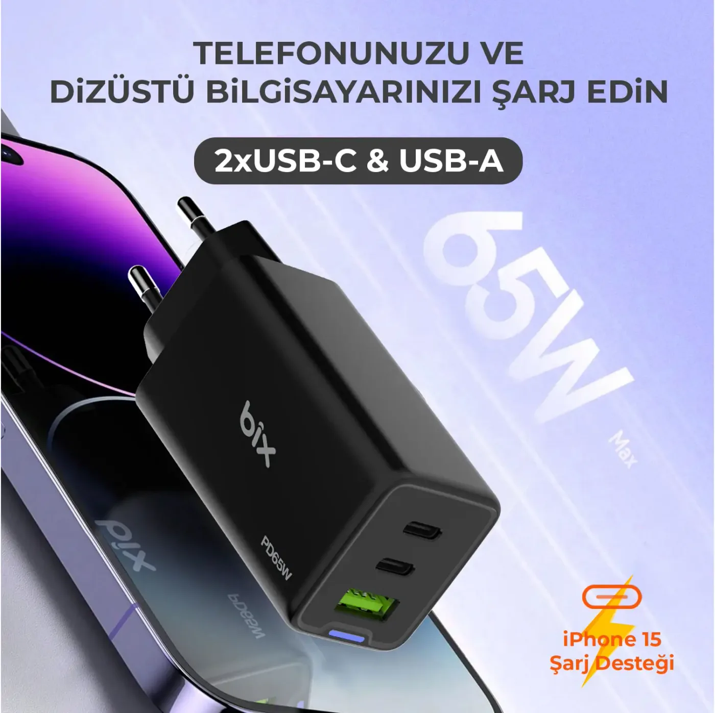 BX3P66G GaN 65W 2*Type-C PD 3.0 ve USB-A QC Üç Portlu