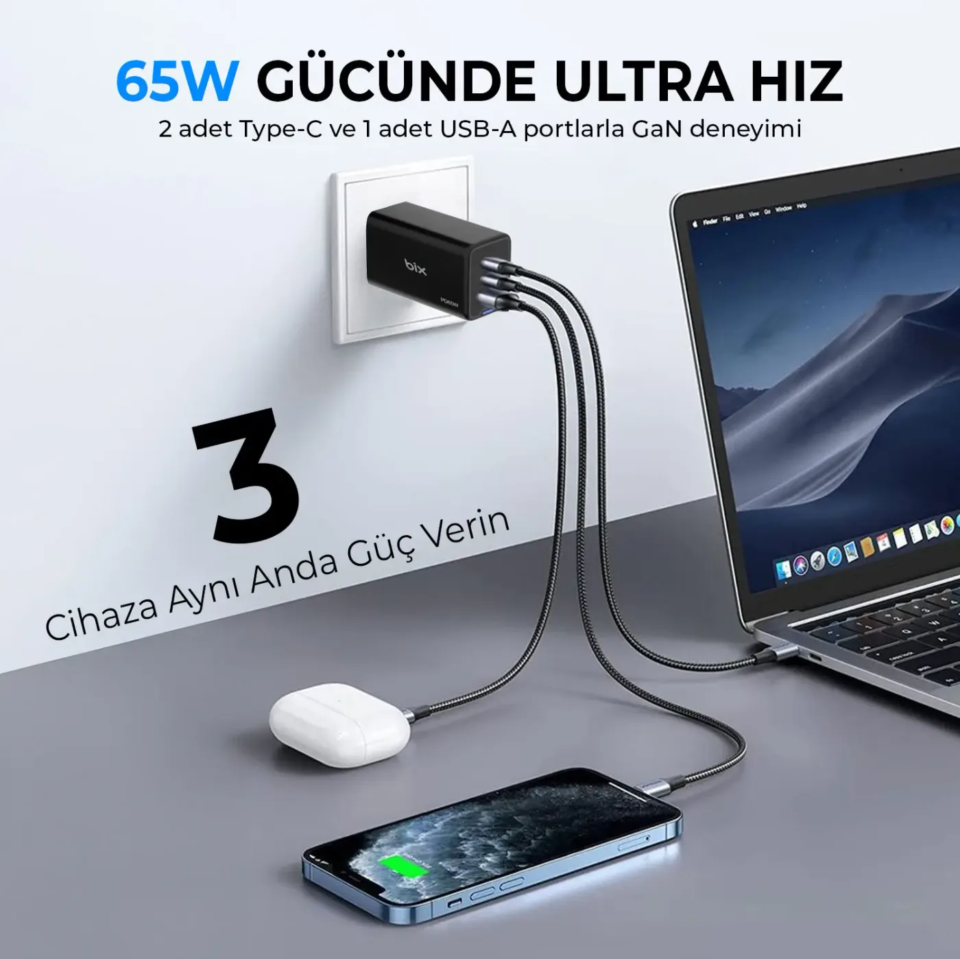 BX3P66G GaN 65W 2*Type-C PD 3.0 ve USB-A QC Üç Portlu