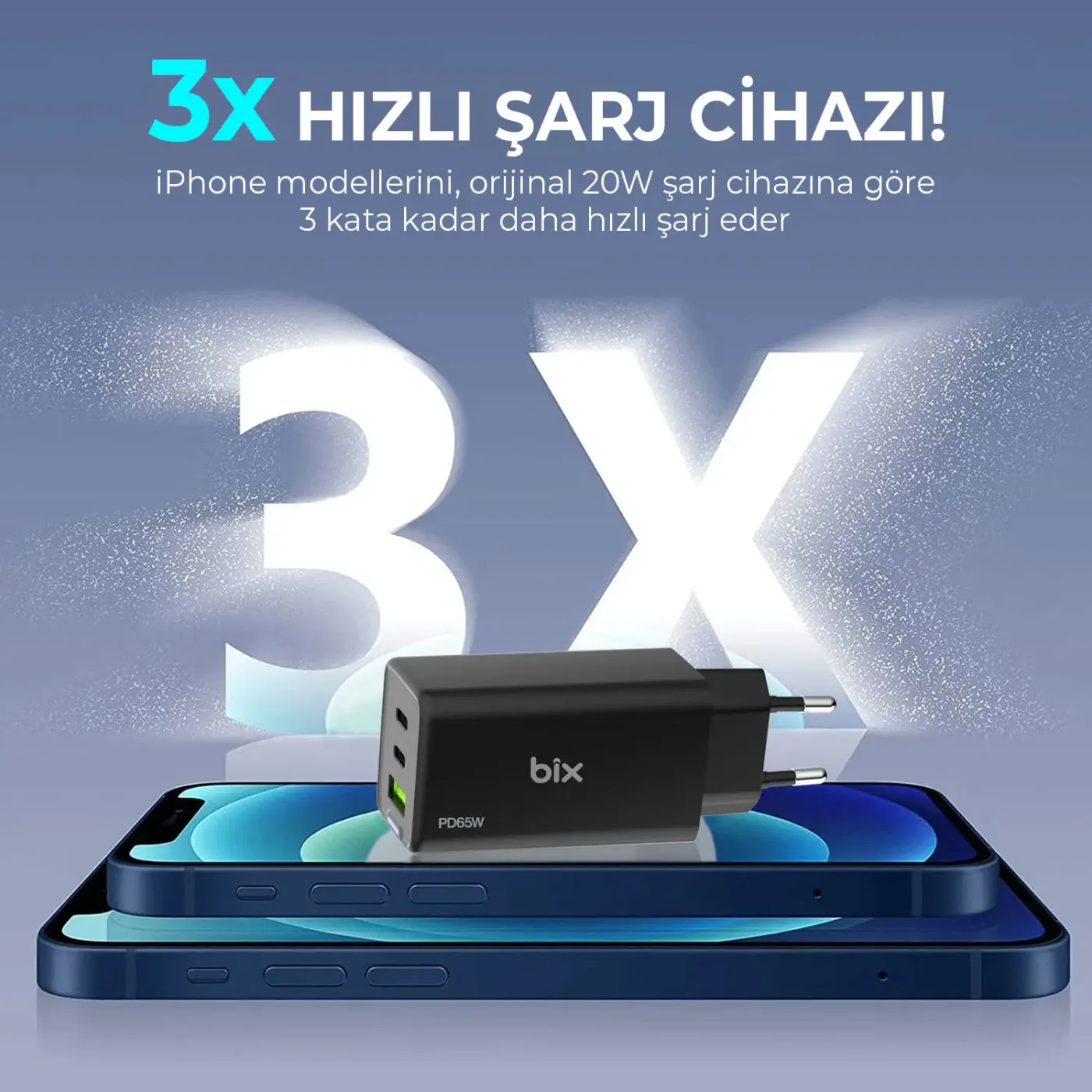 BX3P66G GaN 65W 2*Type-C PD 3.0 ve USB-A QC Üç Portlu