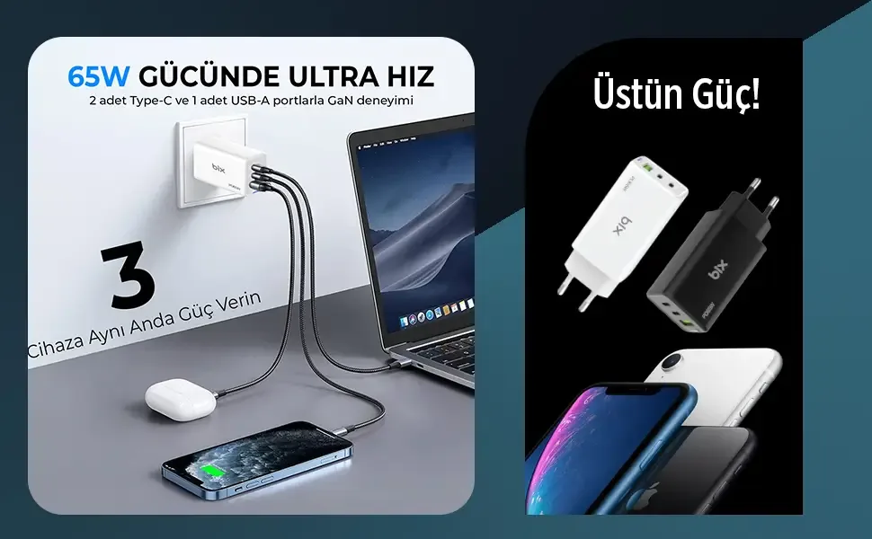 BX3P66G GaN 65W 2*Type-C PD 3.0 ve USB-A QC Üç Portlu