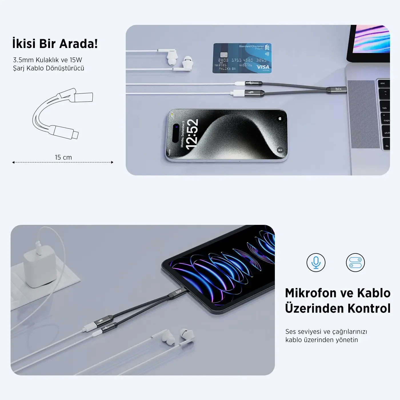 A1C1 Type-C to 3.5mm Kulaklık ve 15W Type-C Şarj Kablo