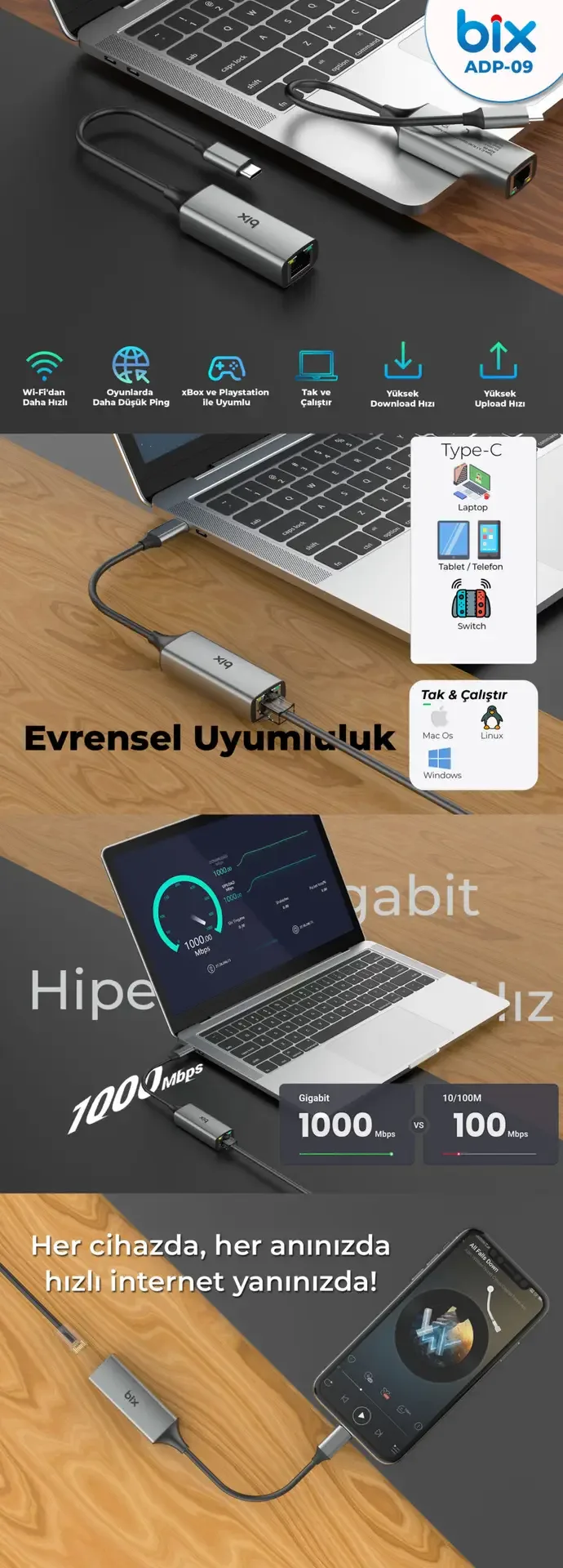 ADP-09 Type-C 3.1 Gigabit Ethernet Dönüştürücü Adaptör