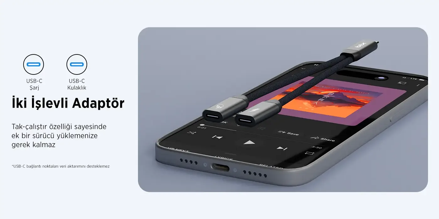 ADP-13 Type-C to Çift Type-C Kulaklık ve 15W Hızlı Şarj