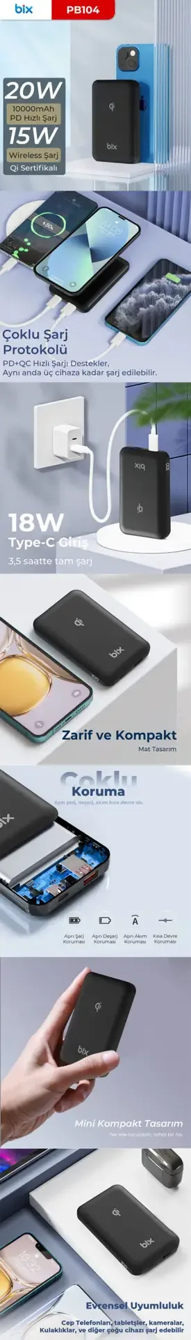 Bix 10000mAh 20W PD + 15W Kablosuz Çoklu Şarj Protokol