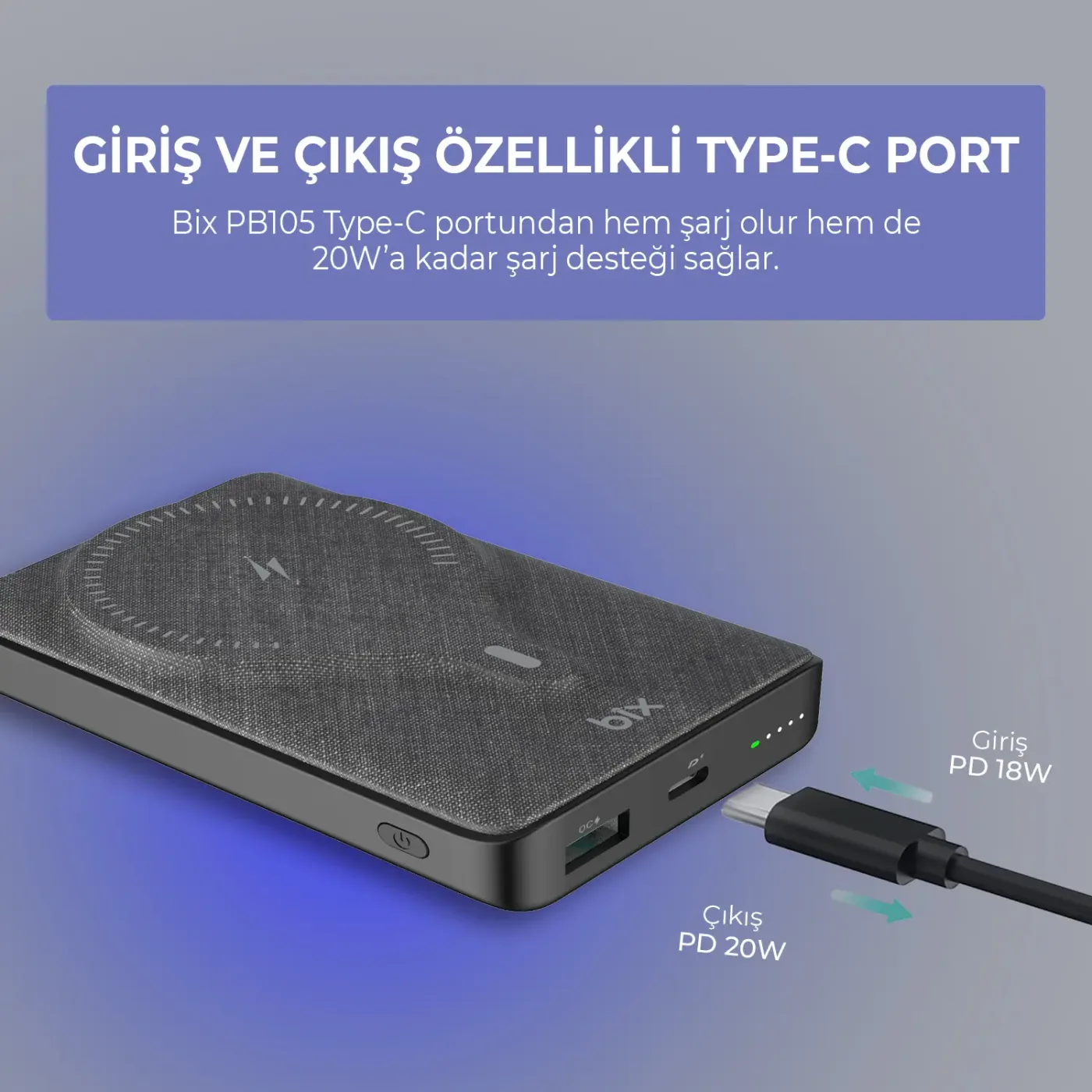 PB105 10000mAh Stand Özellikli PD20W Type-C USB-A SCP