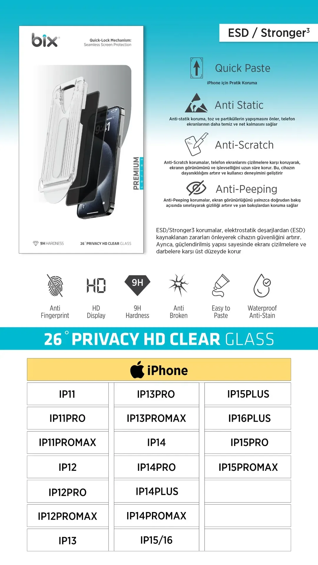 Bix 26° Privacy HD Clear Glass – Mekanizmalı, Gizlilik