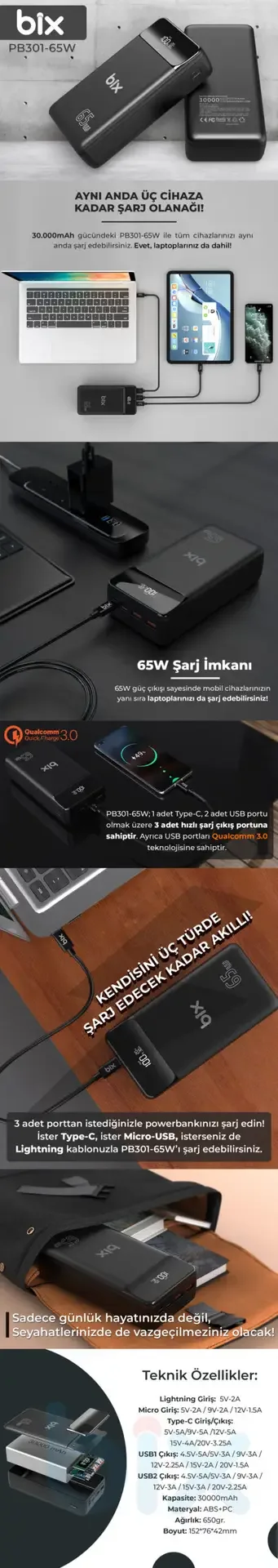 PB301 65W 30000mAh Üç Çıkışlı 65W QC 3.0 Powerbank